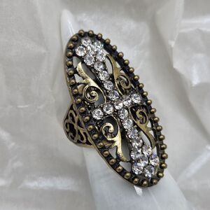 Art Deco Style Crystal Cross Statement Ring 7.5 in. Antique Gold Tone Stretch